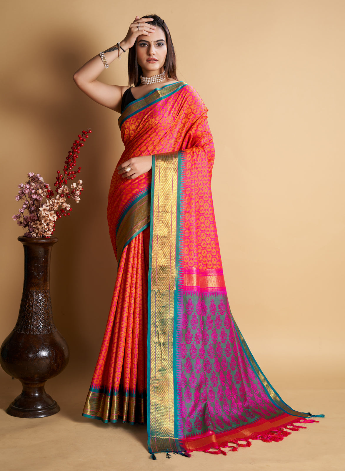 Pink Soft Silk Aure Base With Contrass Blouse And  Saree
