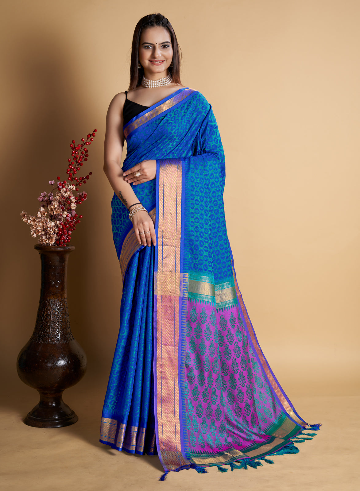 Royal Blue Soft Silk Aure Base With Contrass Blouse And  Saree