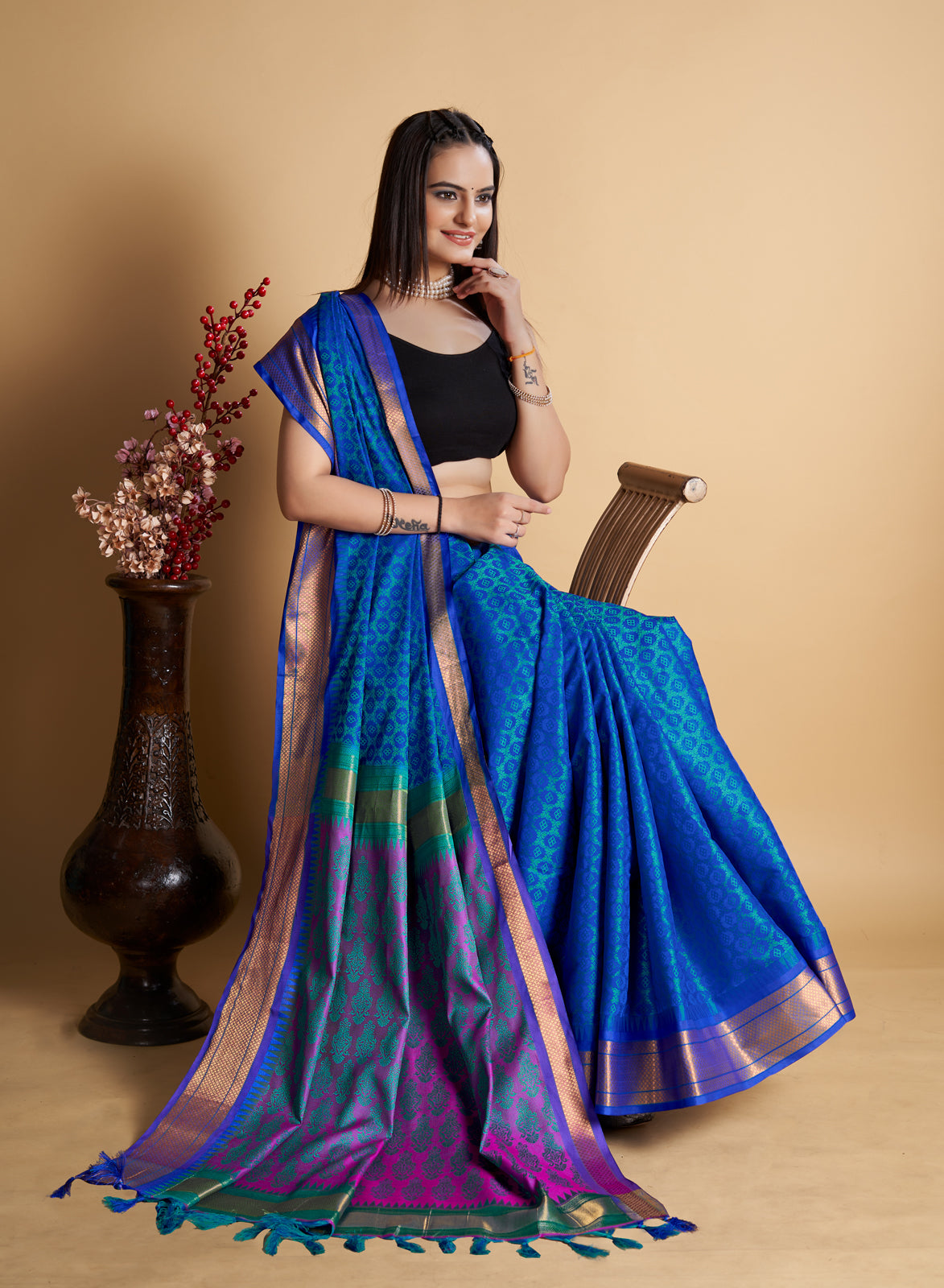 Royal Blue Soft Silk Aure Base With Contrass Blouse And  Saree