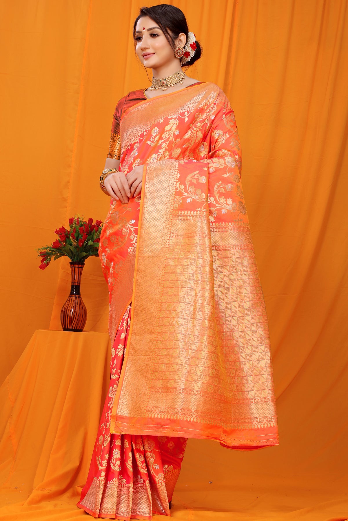 Peach Kanchipuram Pattu Silk Saree