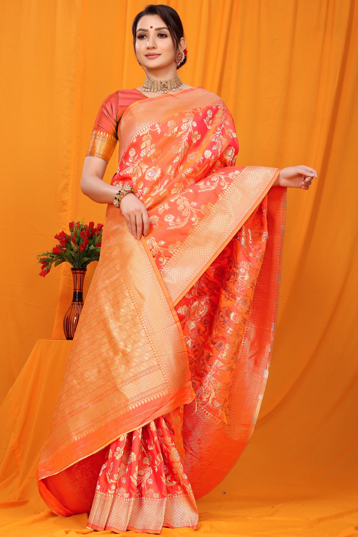 Peach Kanchipuram Pattu Silk Saree