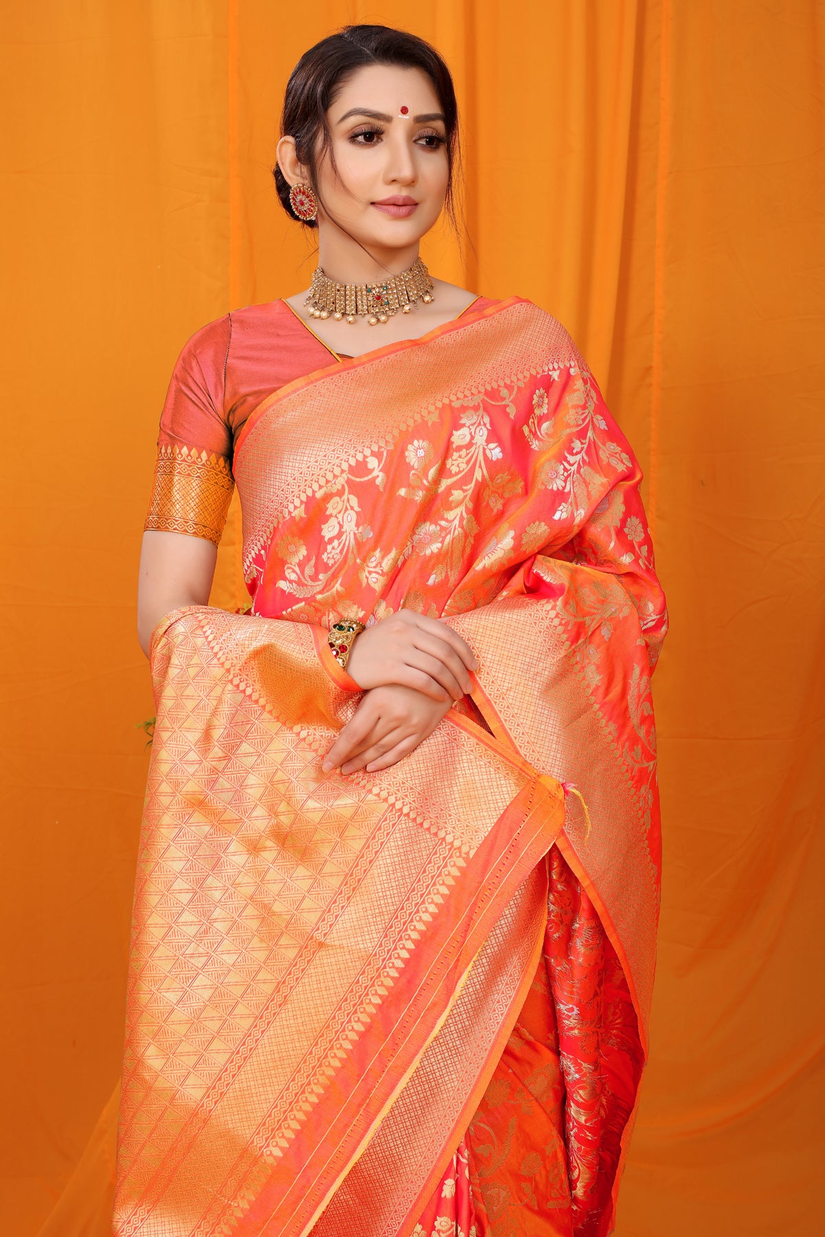 Peach Kanchipuram Pattu Silk Saree