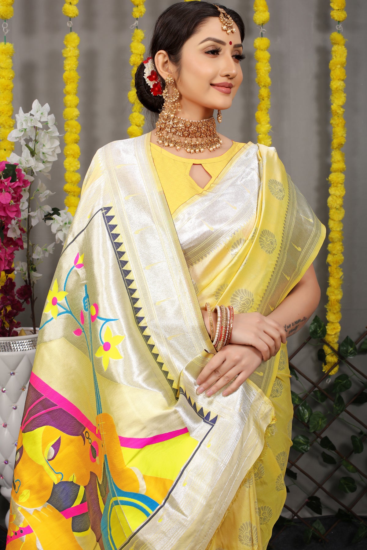 Yellow Paithani Silk Saree With Zari Zari Weaving Banarasi Silk Saree