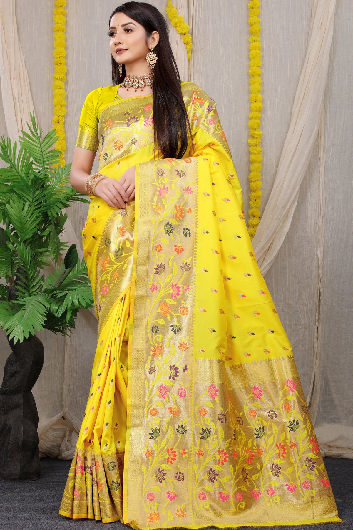 Yellow Paithani Silk Saree With Zari Weaving Banarasi Silk Saree