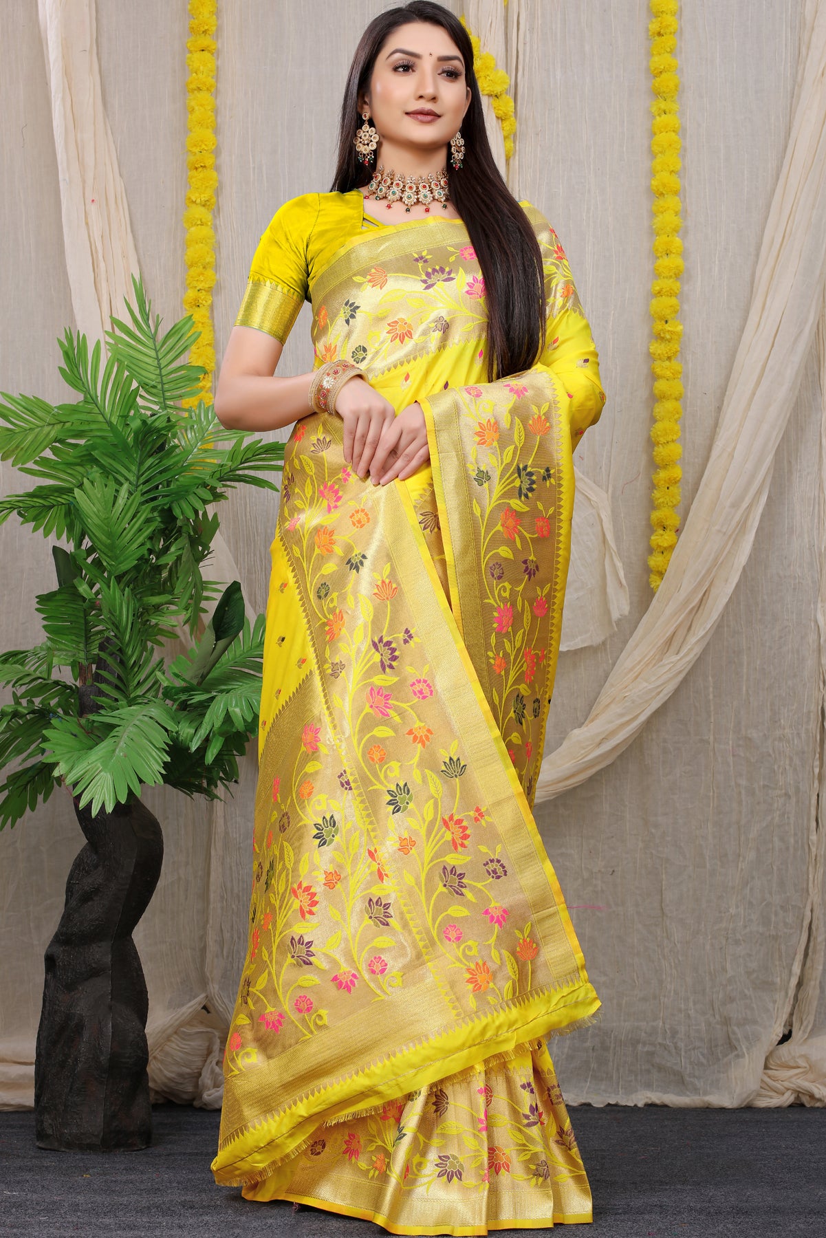 Yellow Paithani Silk Saree With Zari Weaving Banarasi Silk Saree