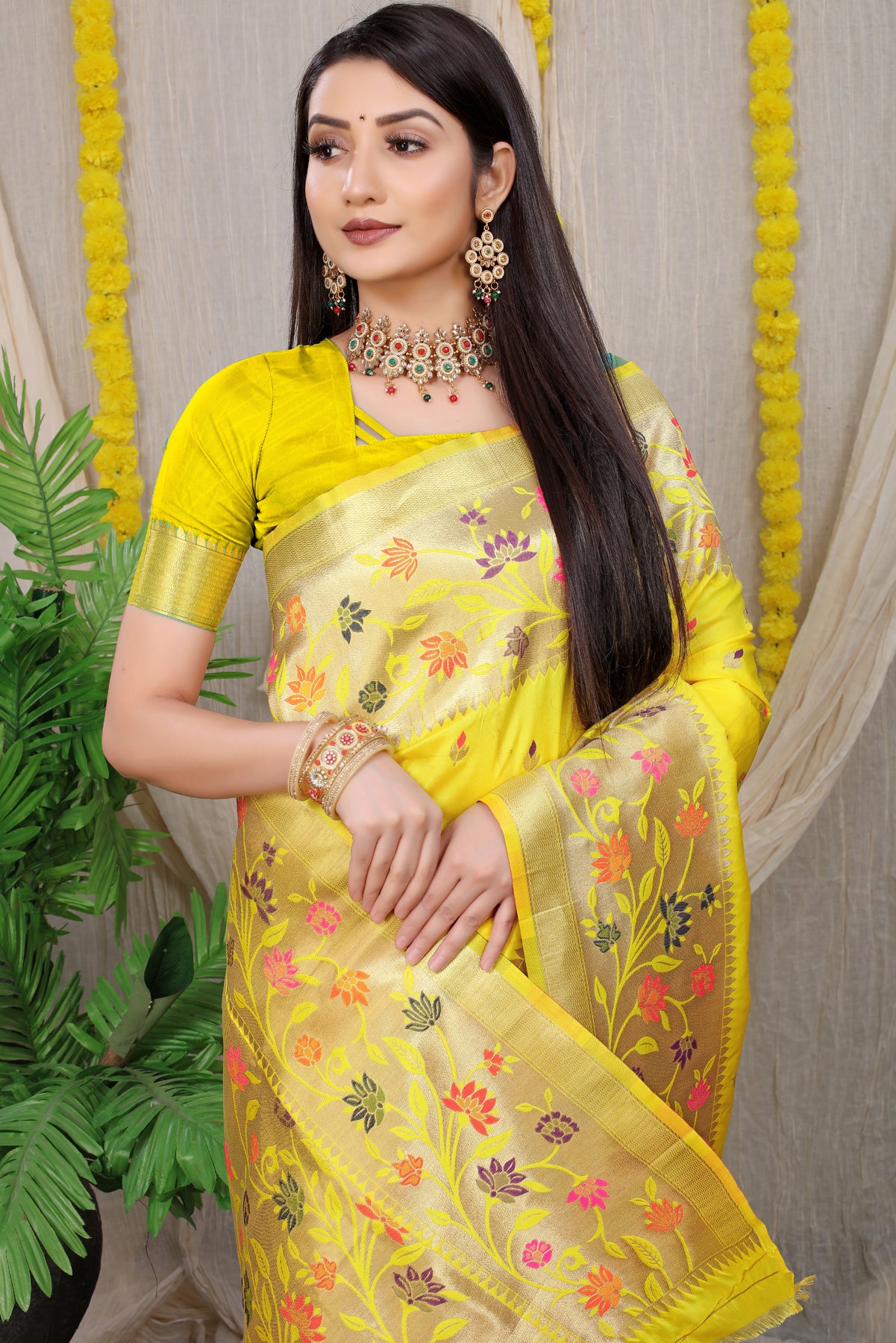 Yellow Paithani Silk Saree With Zari Weaving Banarasi Silk Saree