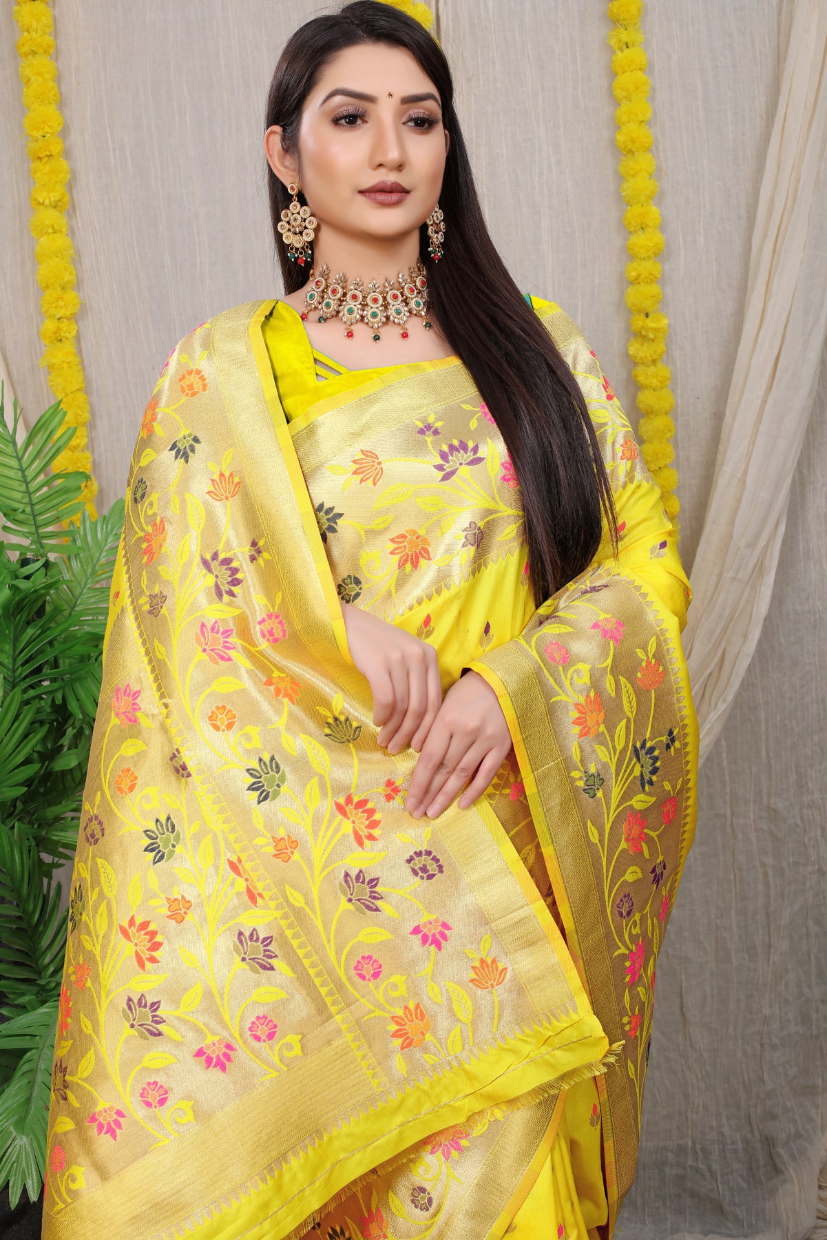 Yellow Paithani Silk Saree With Zari Weaving Banarasi Silk Saree