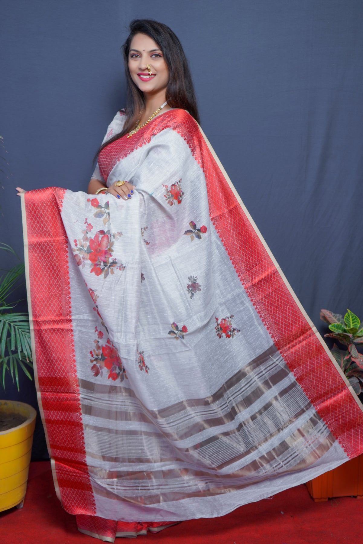 Red Linen Silk Paithani Silk Saree