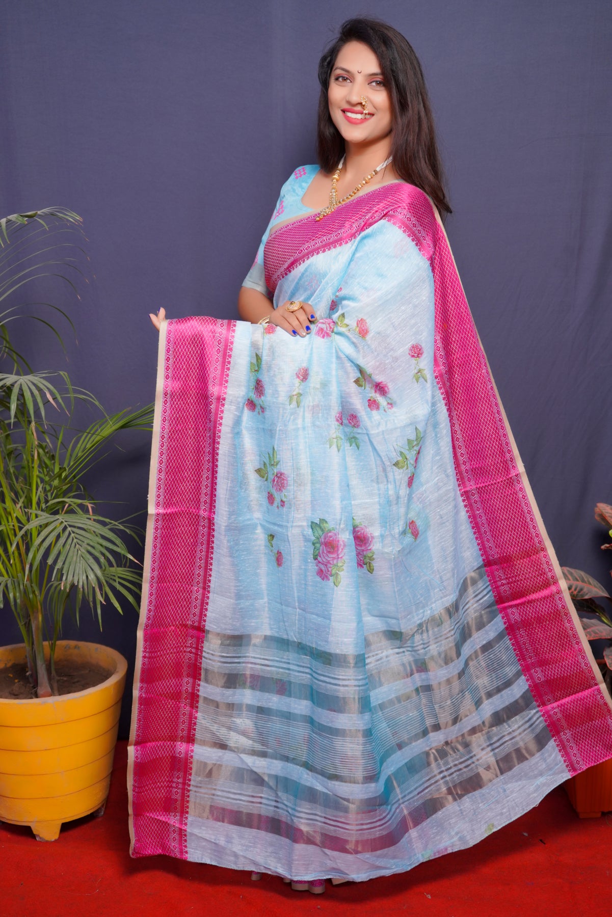 Sky Blue Linen Silk  Paithani Silk Saree