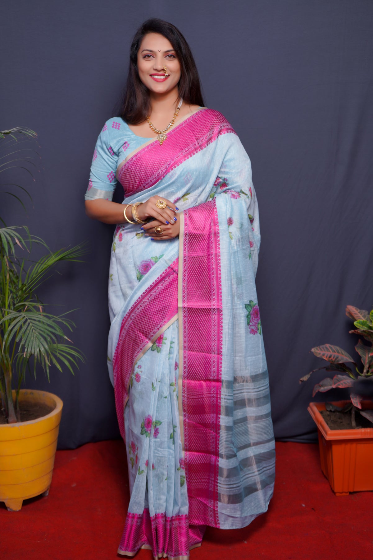 Sky Blue Linen Silk  Paithani Silk Saree