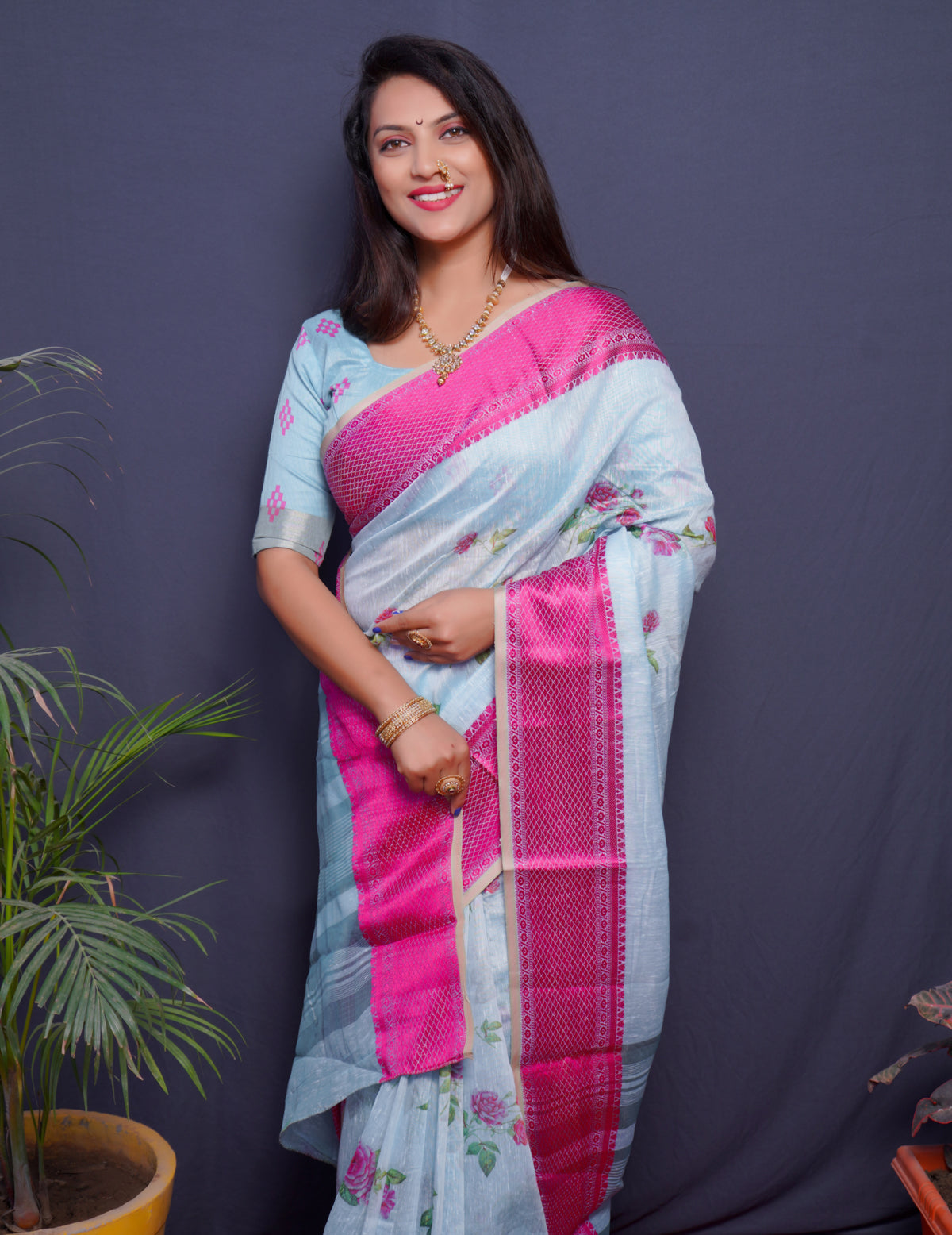 Sky Blue Linen Silk  Paithani Silk Saree