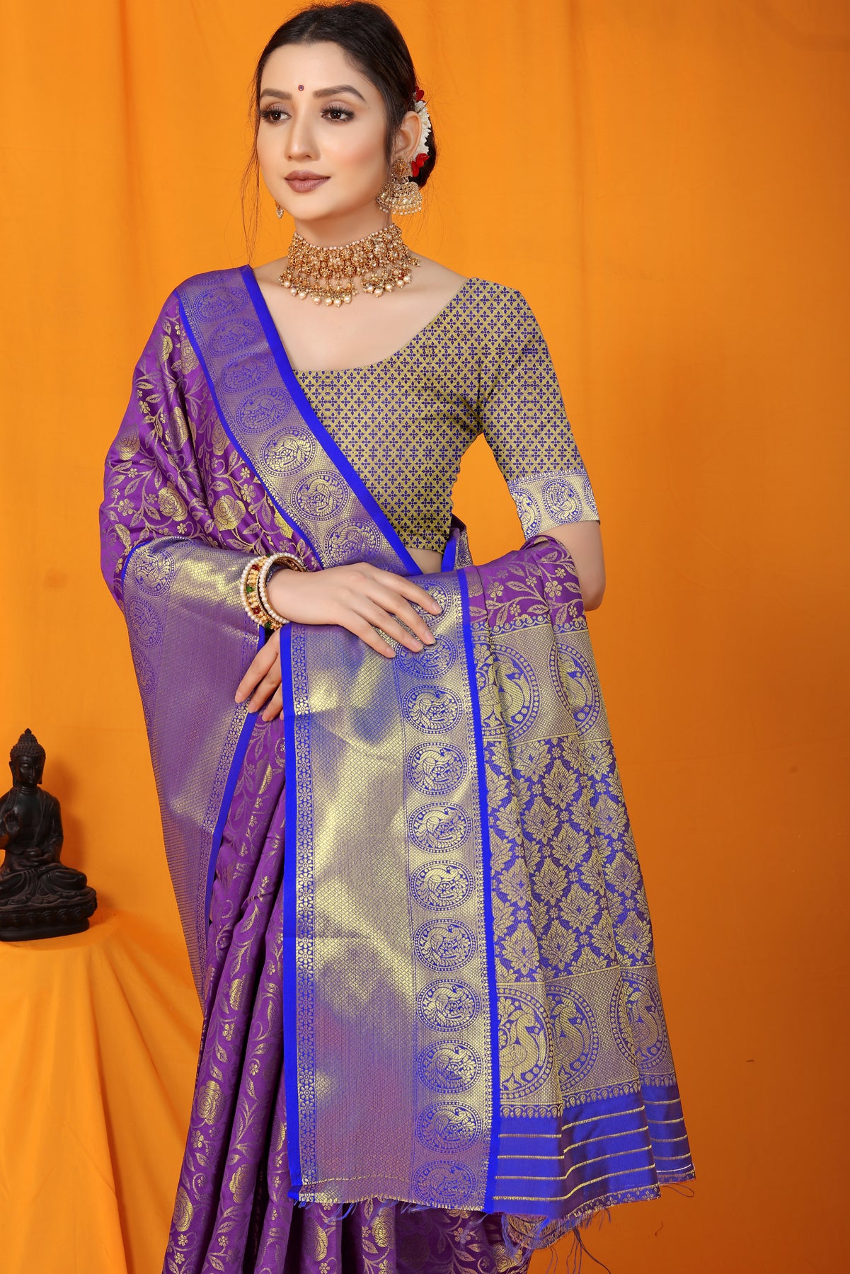 Royal Blue Kanjivaram Silk Saree with Handwoven Gold Zari Checks - Mirra  Clothing