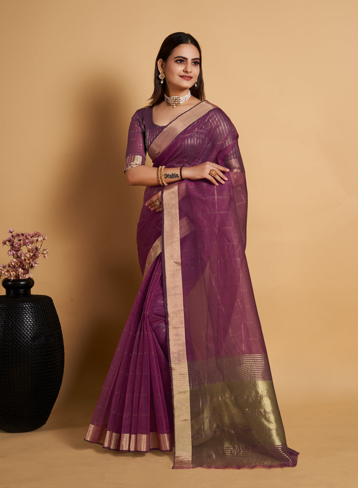 Wine Soft Silk Aure Base With Zari Lining All Over Saree