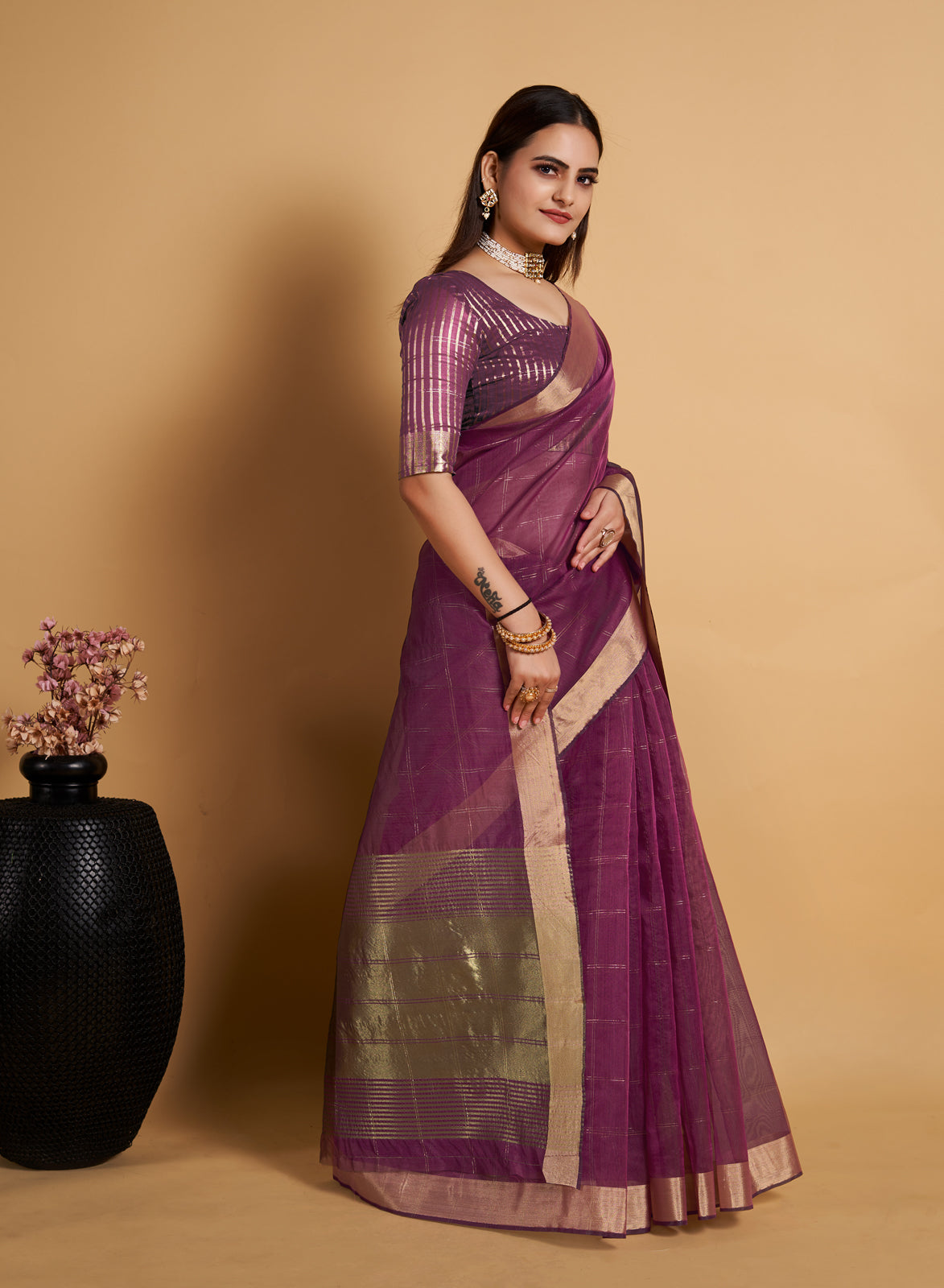 Wine Soft Silk Aure Base With Zari Lining All Over Saree