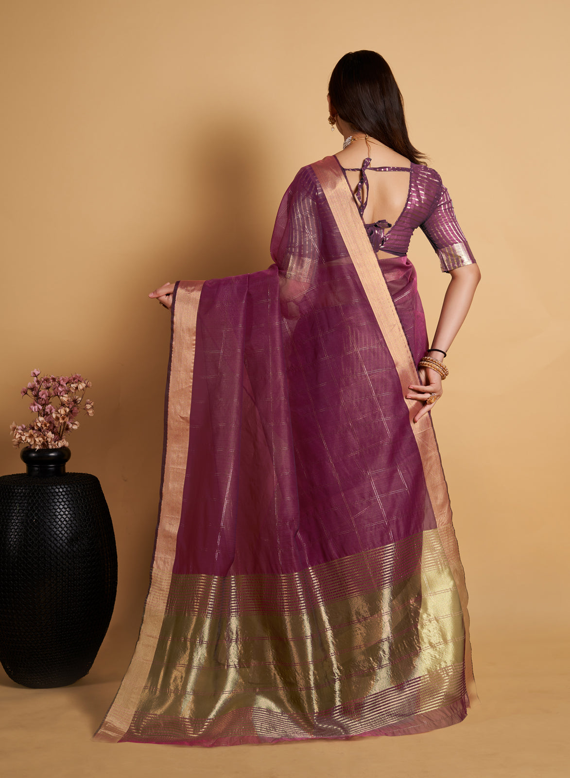 Wine Soft Silk Aure Base With Zari Lining All Over Saree