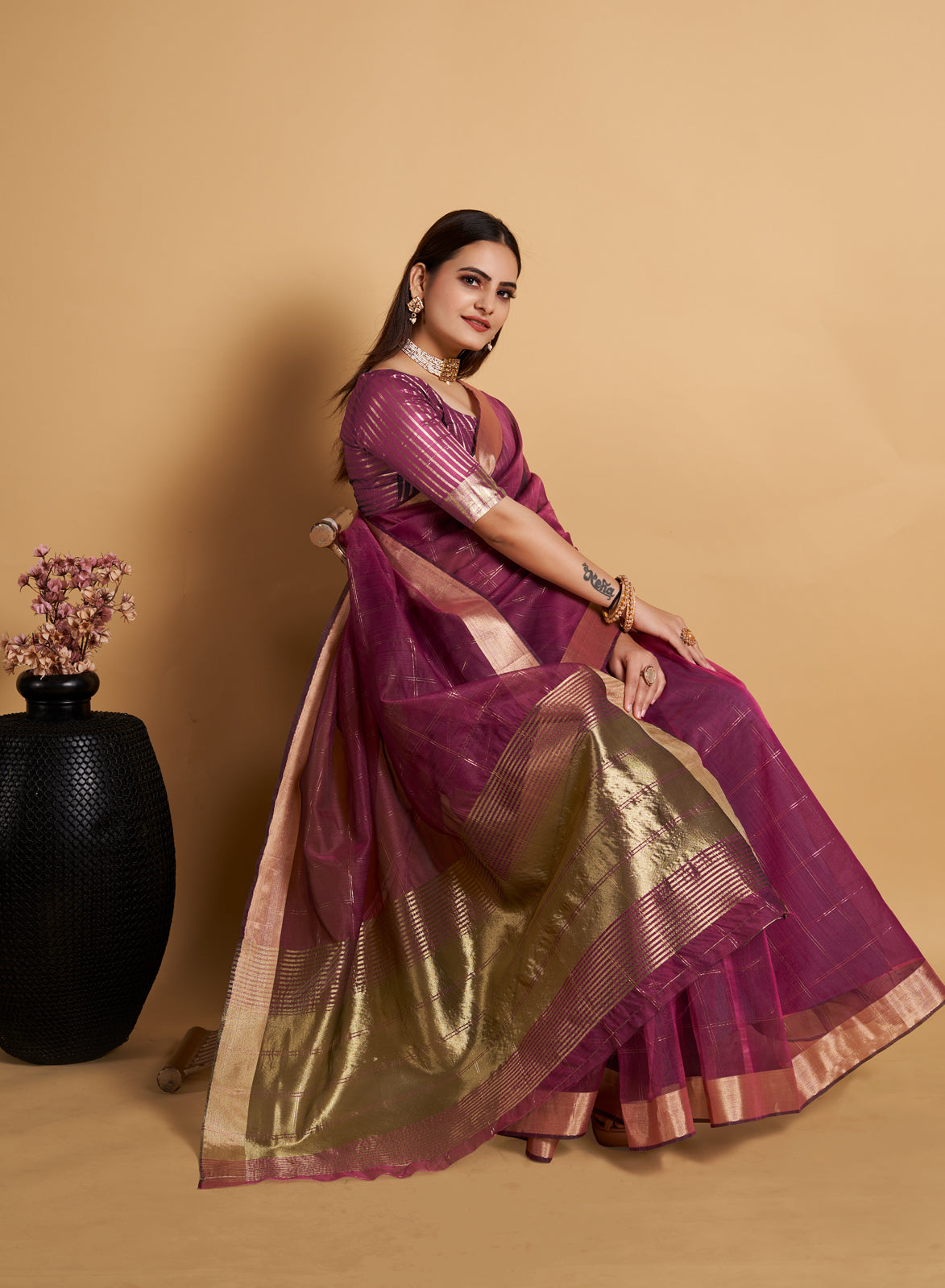 Wine Soft Silk Aure Base With Zari Lining All Over Saree