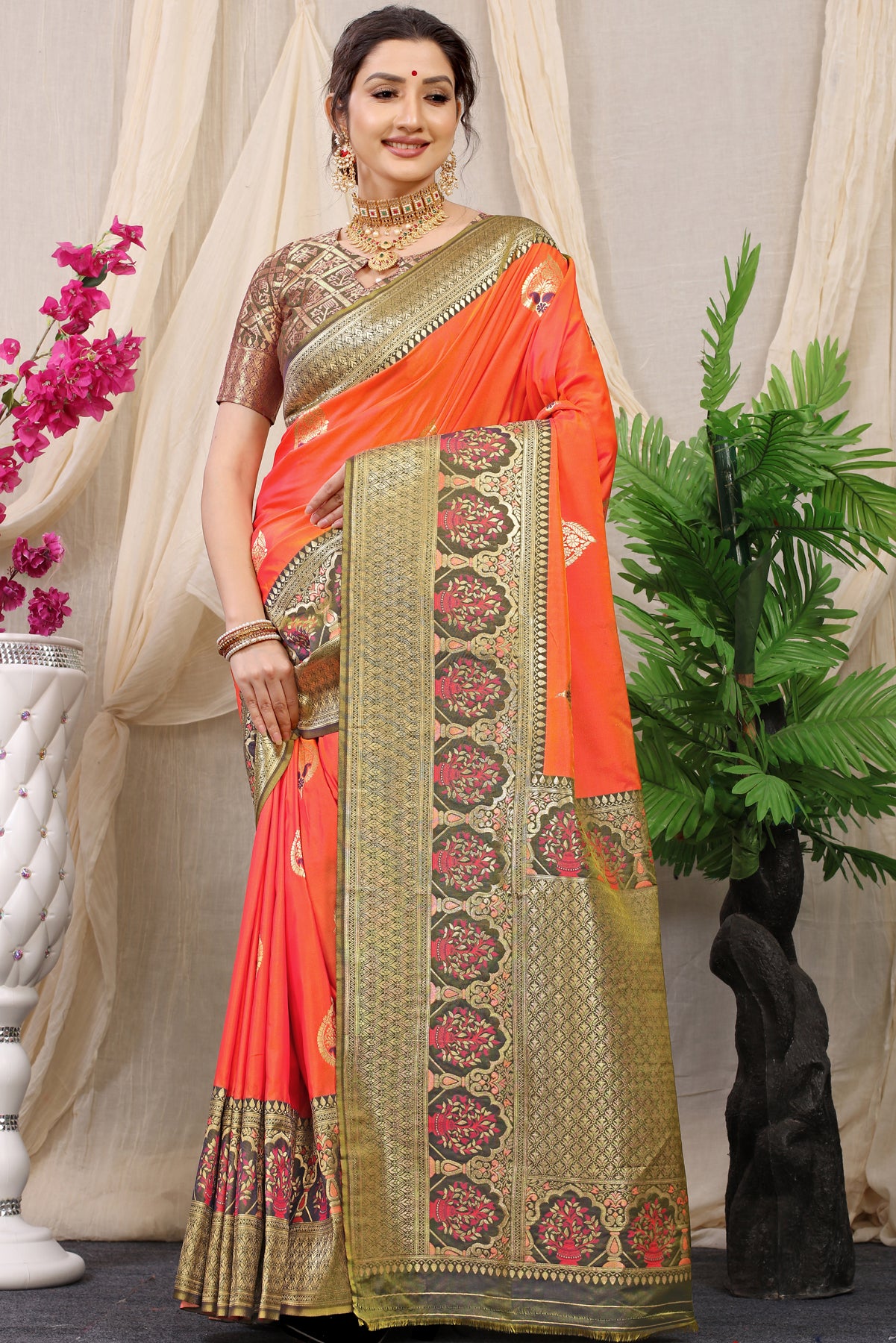 Orange Kanchipuram Pattu Silk Saree