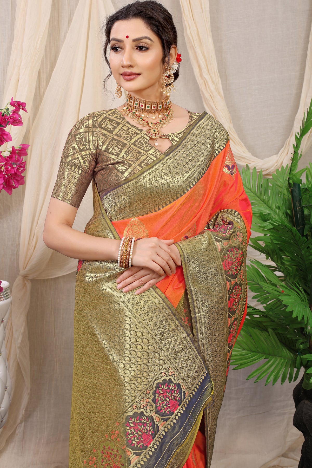 Orange Kanchipuram Pattu Silk Saree