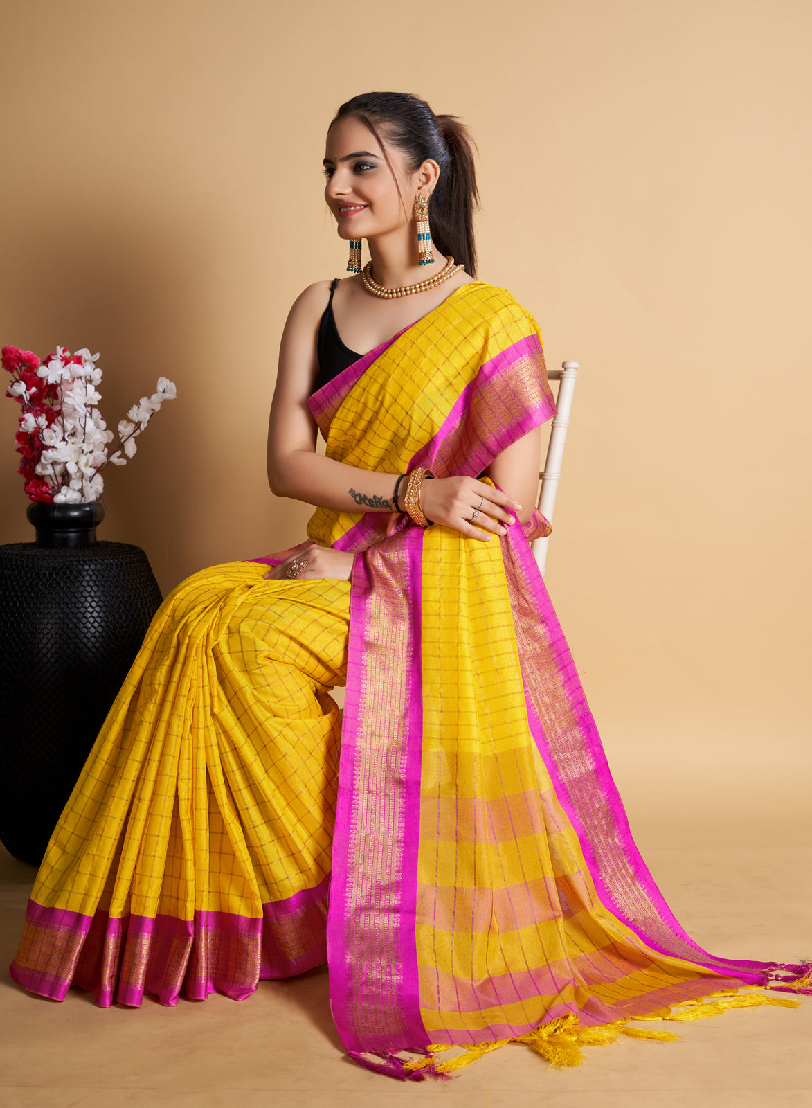 Yellow Soft Silk Aure Base With Zari Lining All Over Saree