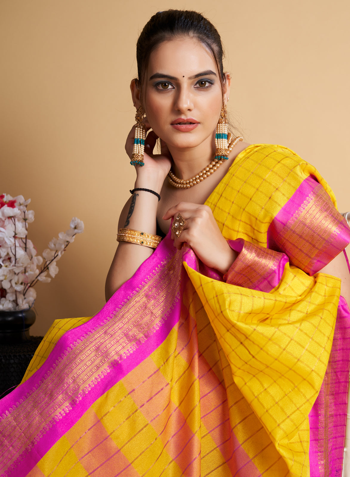 Yellow Soft Silk Aure Base With Zari Lining All Over Saree