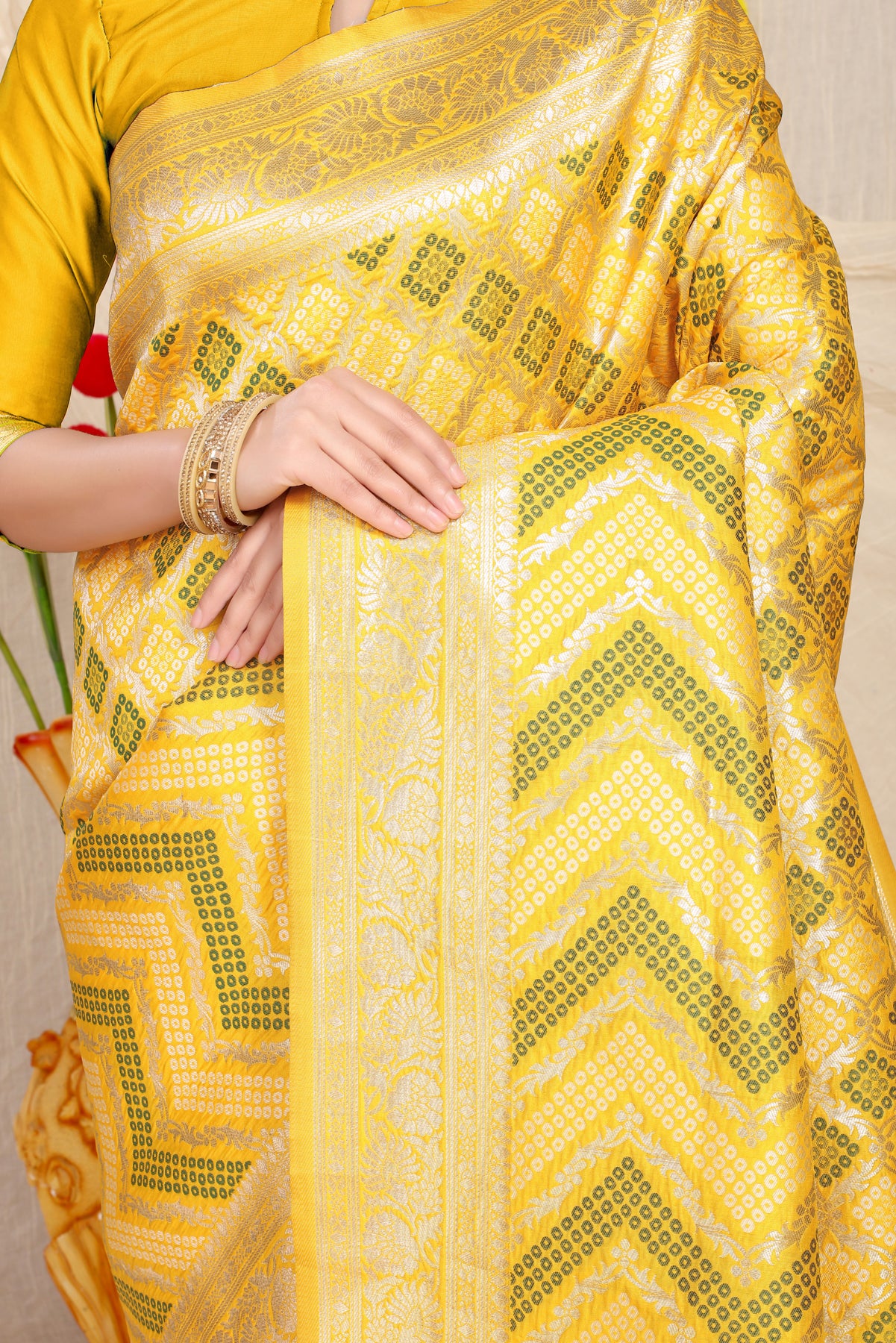 Yellow Bandhani Kanchipuram Pattu Silk Saree