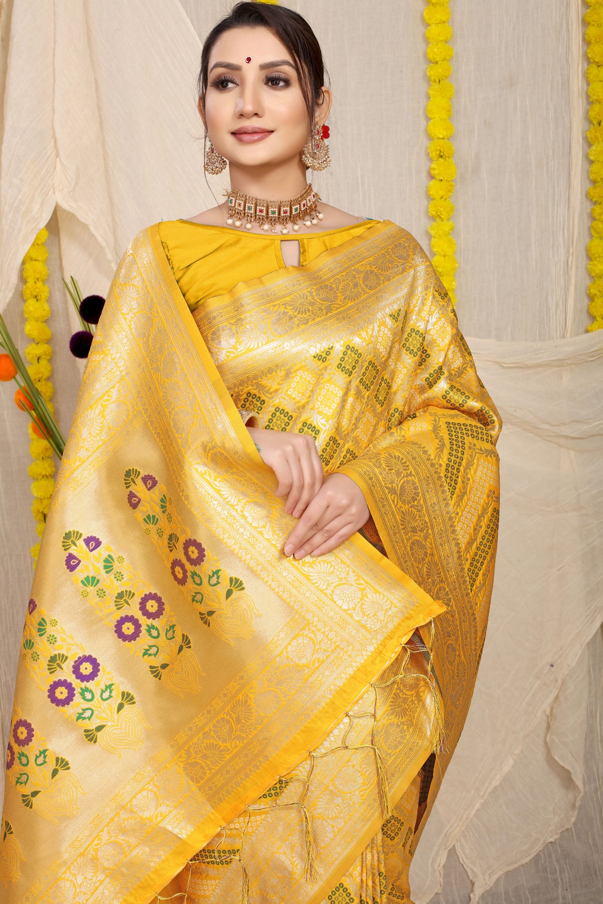 Yellow Bandhani Kanchipuram Pattu Silk Saree