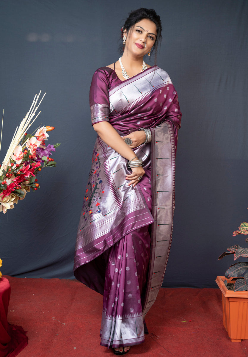 Wine Soft Silk Maharashtrian Paithani Saree – OFLINE SELECTION