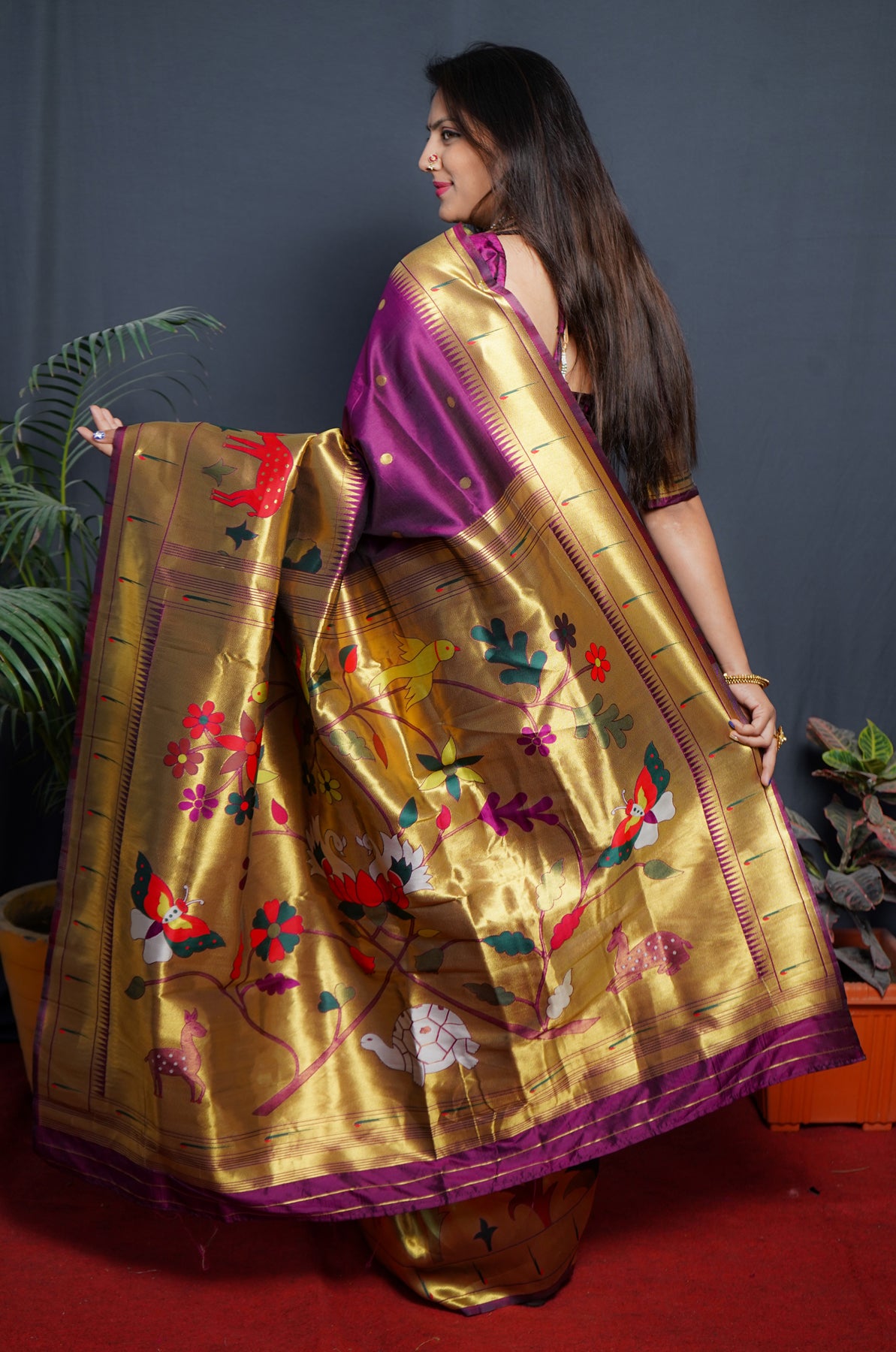 Wine Jacquard Weaving Soft Silk Maharashtrian Paithani Saree