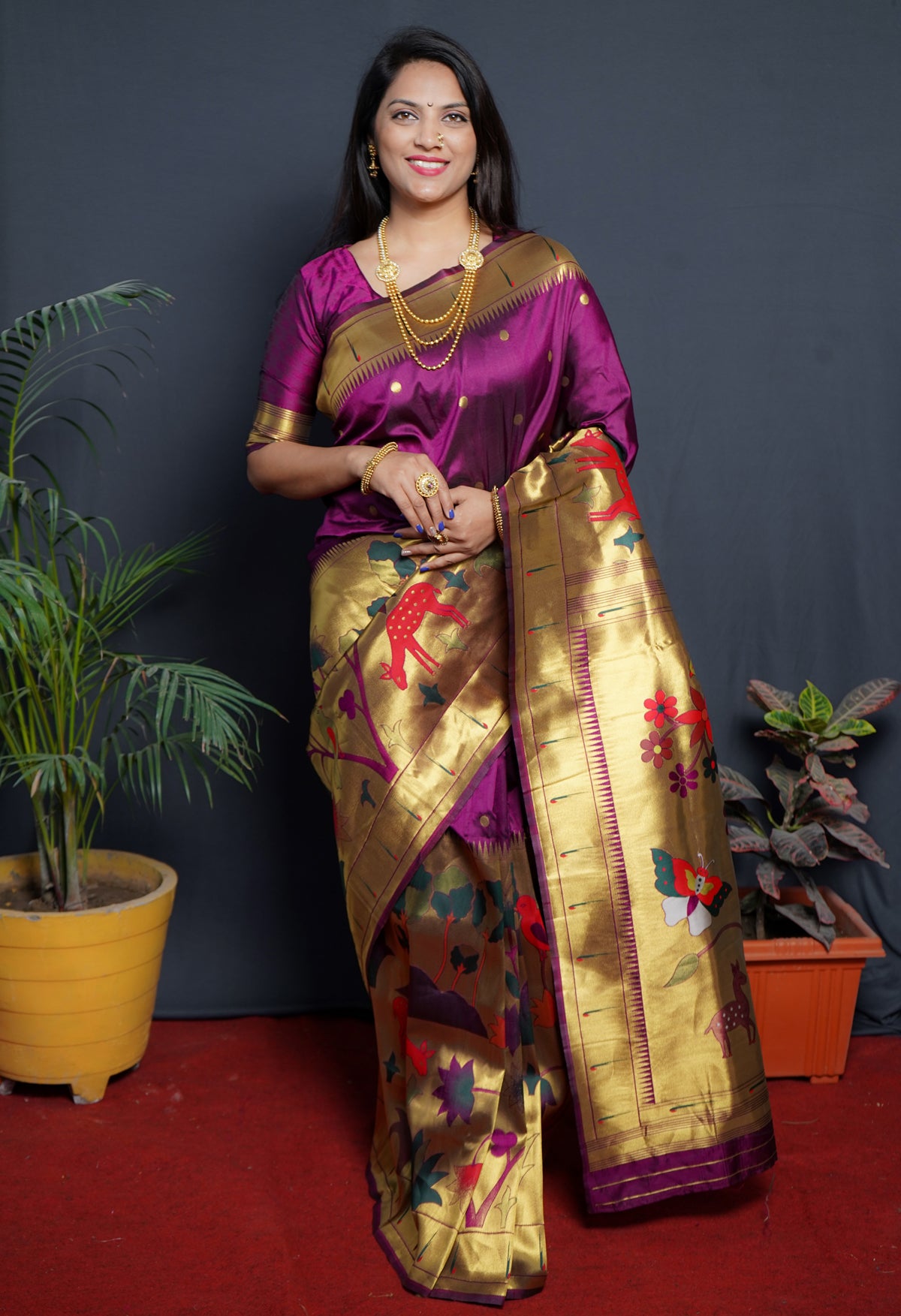 Wine Jacquard Weaving Soft Silk Maharashtrian Paithani Saree