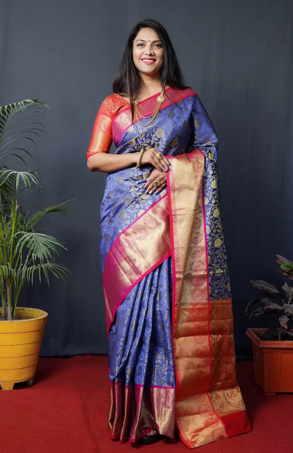 Blue And Pink Kanchipuram Handloom pattu Weaving Banarasi Silk Saree