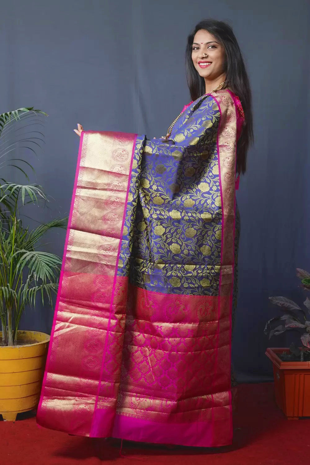 Blue And Pink Kanchipuram Handloom pattu Weaving Banarasi Silk Saree