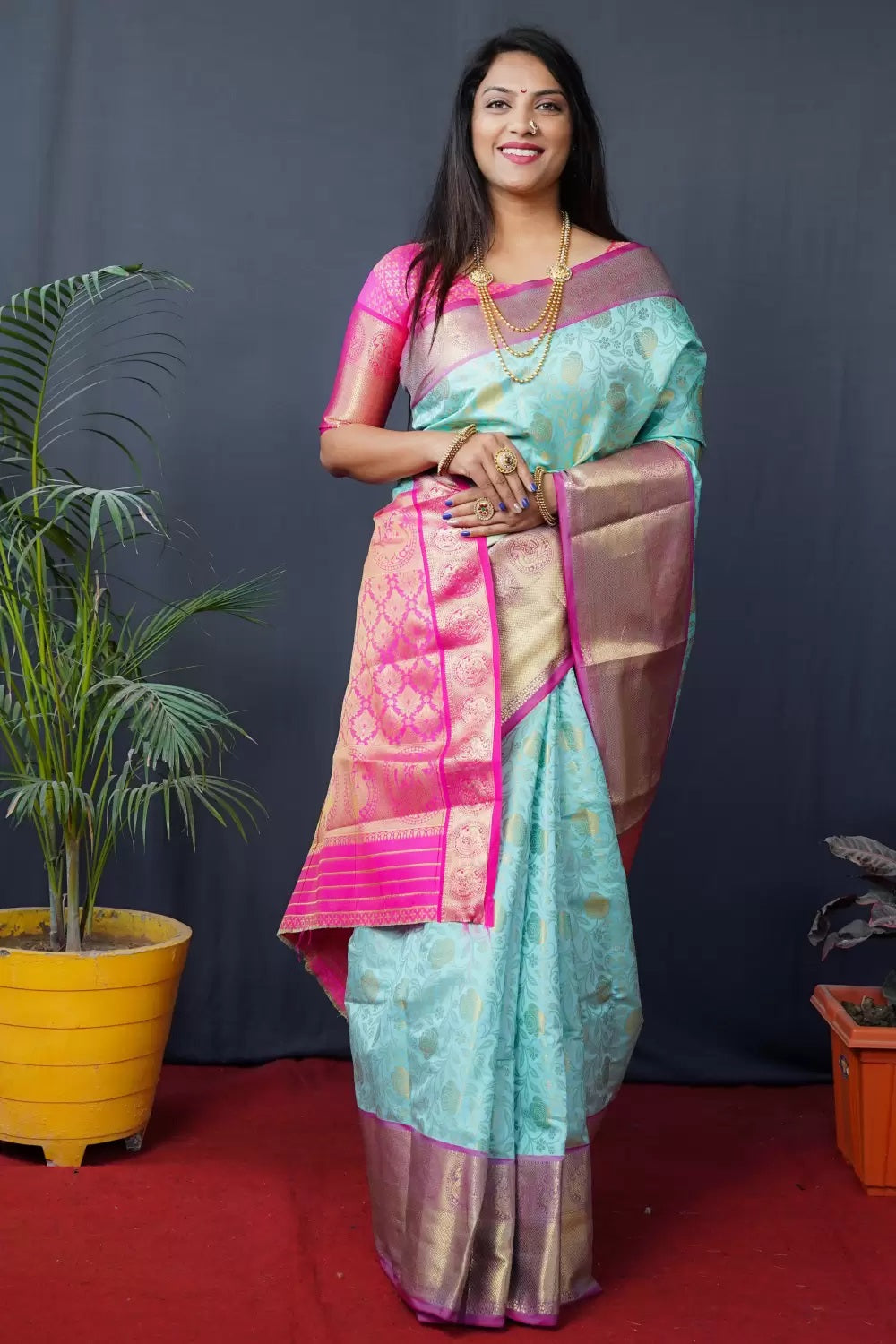 Sky Blue And PInk Kanchipuram Handloom pattu Weaving Banarasi Silk Saree