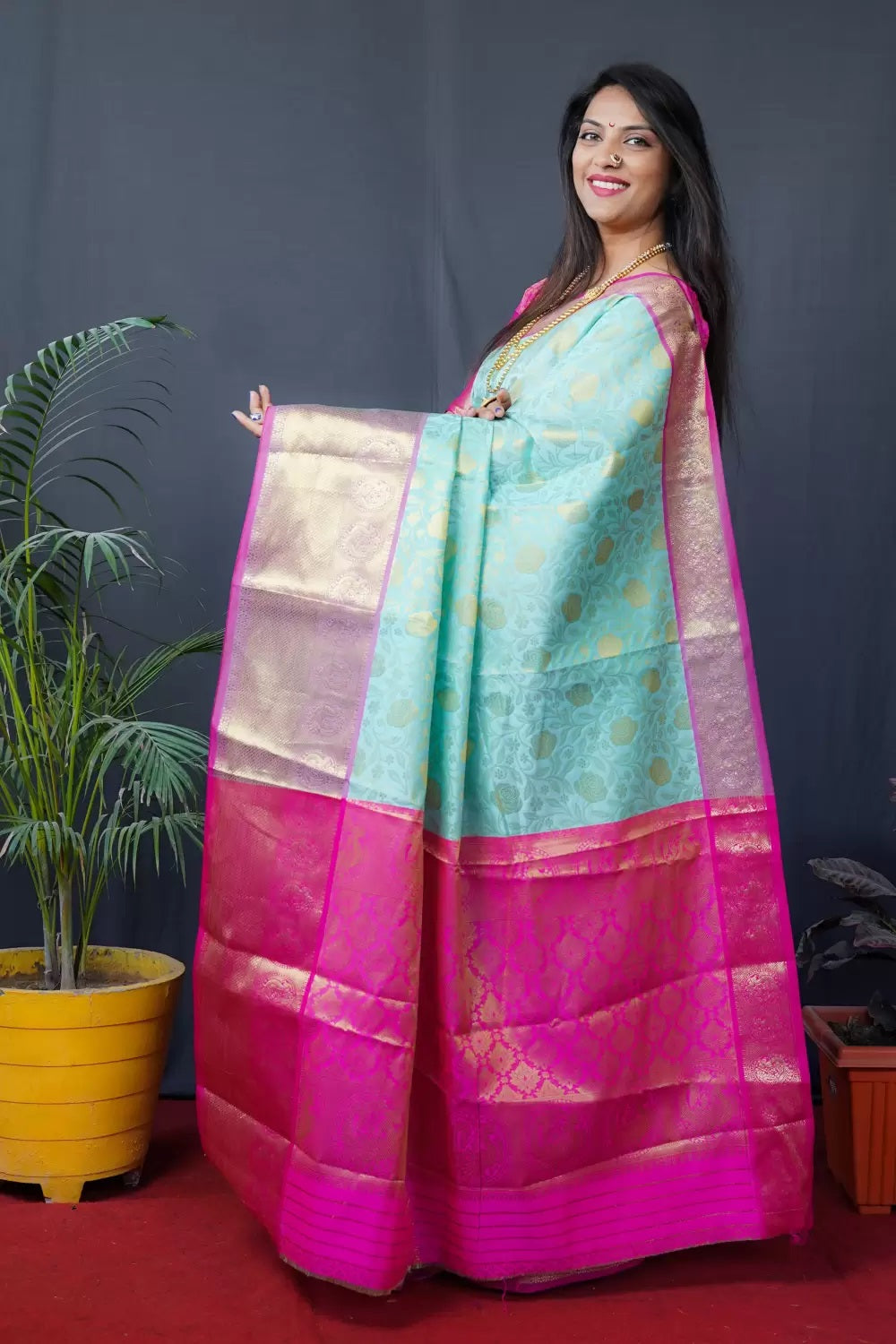 Sky Blue And PInk Kanchipuram Handloom pattu Weaving Banarasi Silk Saree