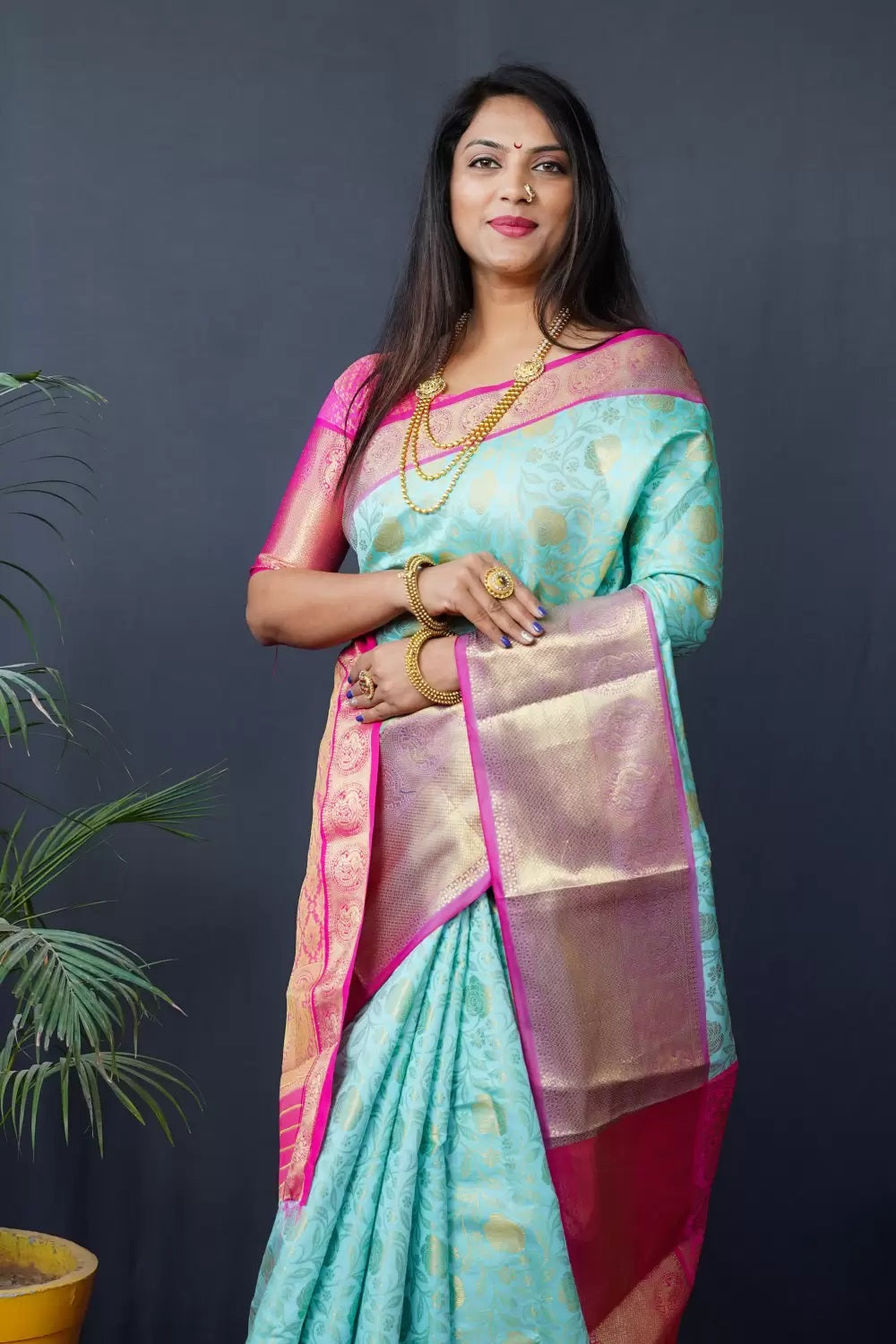 Sky Blue And PInk Kanchipuram Handloom pattu Weaving Banarasi Silk Saree