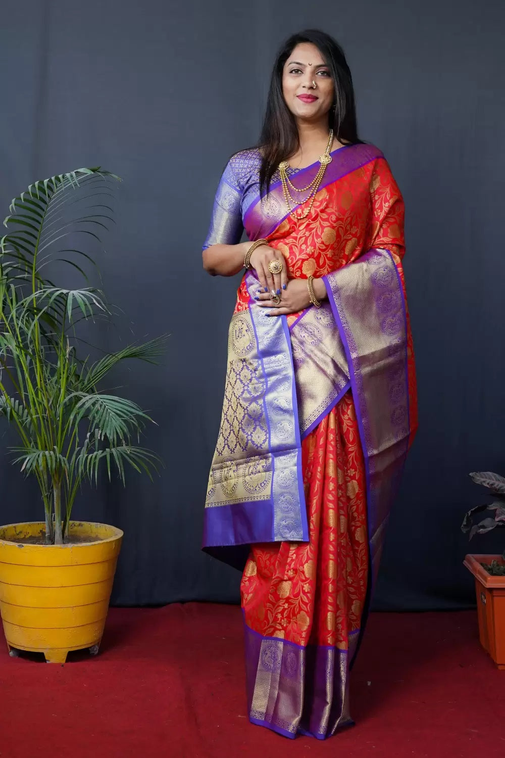 Red And Blue Kanchipuram Handloom pattu Weaving Banarasi Silk Saree