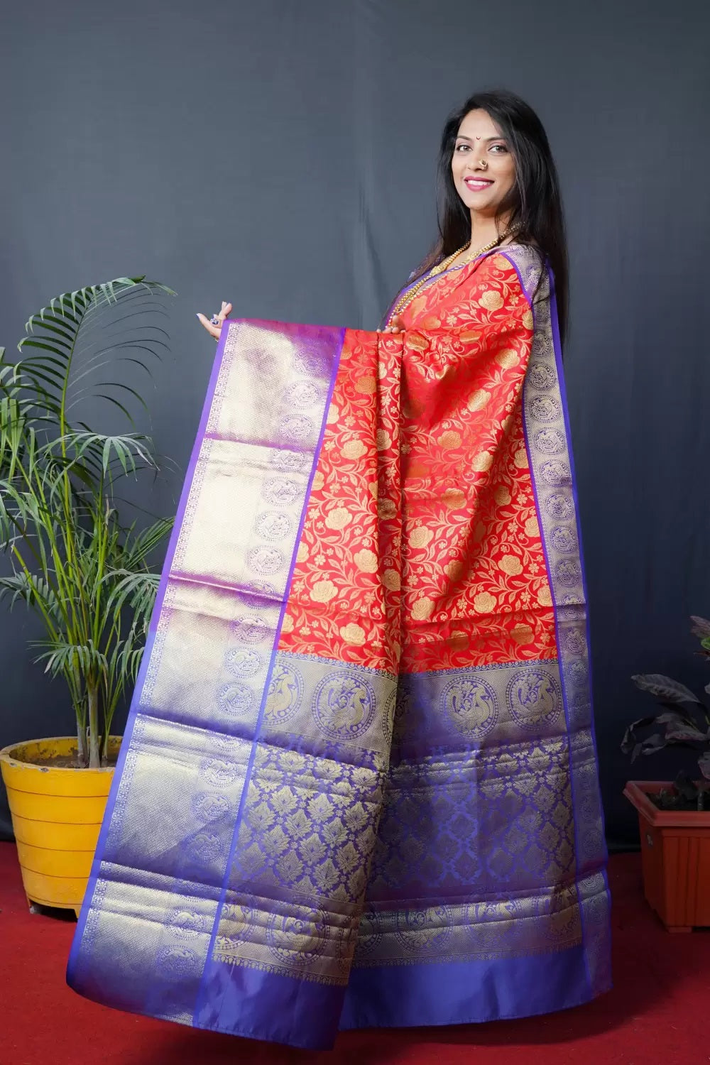 Red And Blue Kanchipuram Handloom pattu Weaving Banarasi Silk Saree