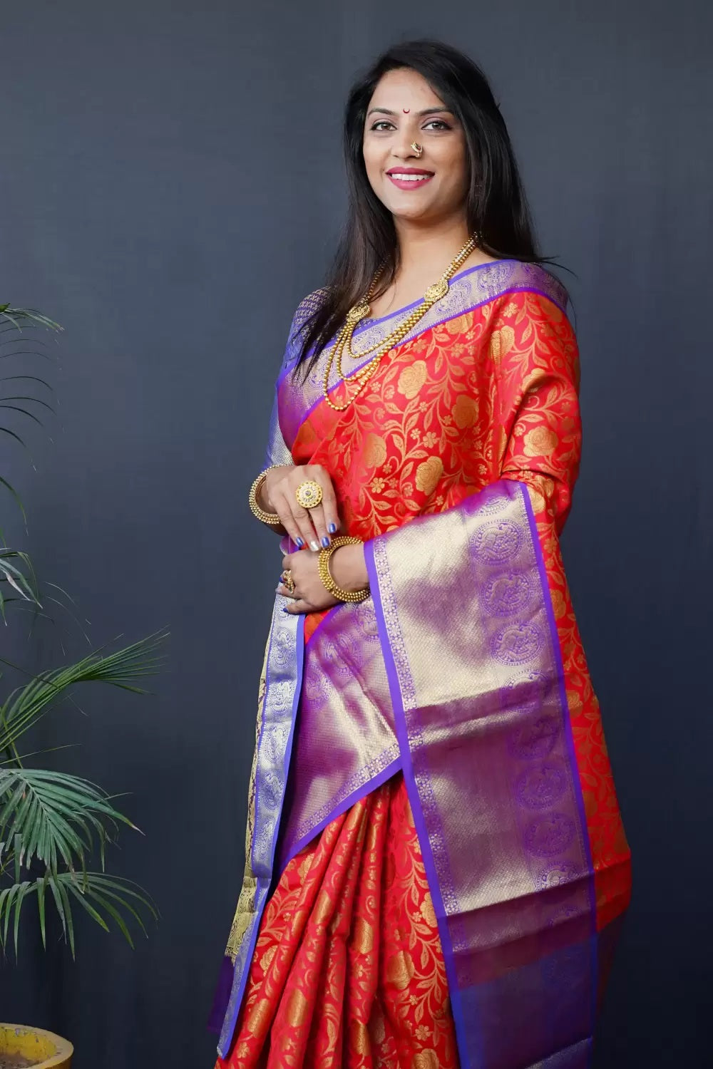 Red And Blue Kanchipuram Handloom pattu Weaving Banarasi Silk Saree